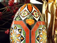 Sunset Orange Octagons Ukrainian Easter Egg Pysanky by So Jeo : pysanky pysanka ukrainian easter egg batik art sojeo florals flowers birds stars trees vines blooms buds bluebird owl art sojeo "so jeo" eggshell egg shell blown decoration ivy garden rainbow rosie posy nightshad victorian trees etched brown chicken eggs turkey